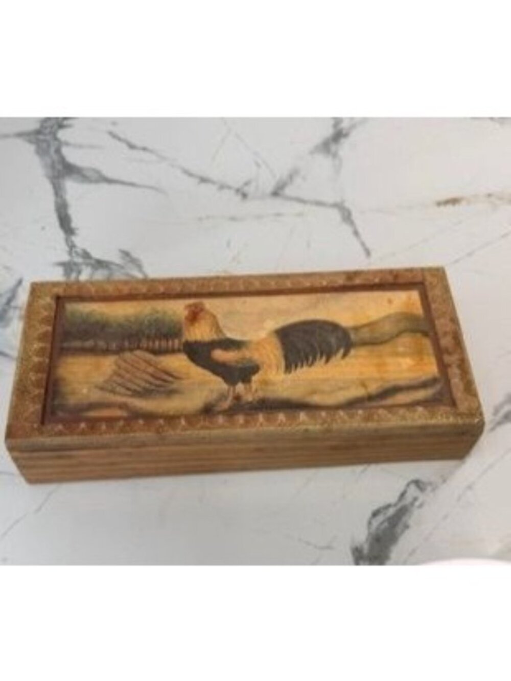 Vintage Rooster Wood Storage Hinged Trinket Box , country, farmhouse